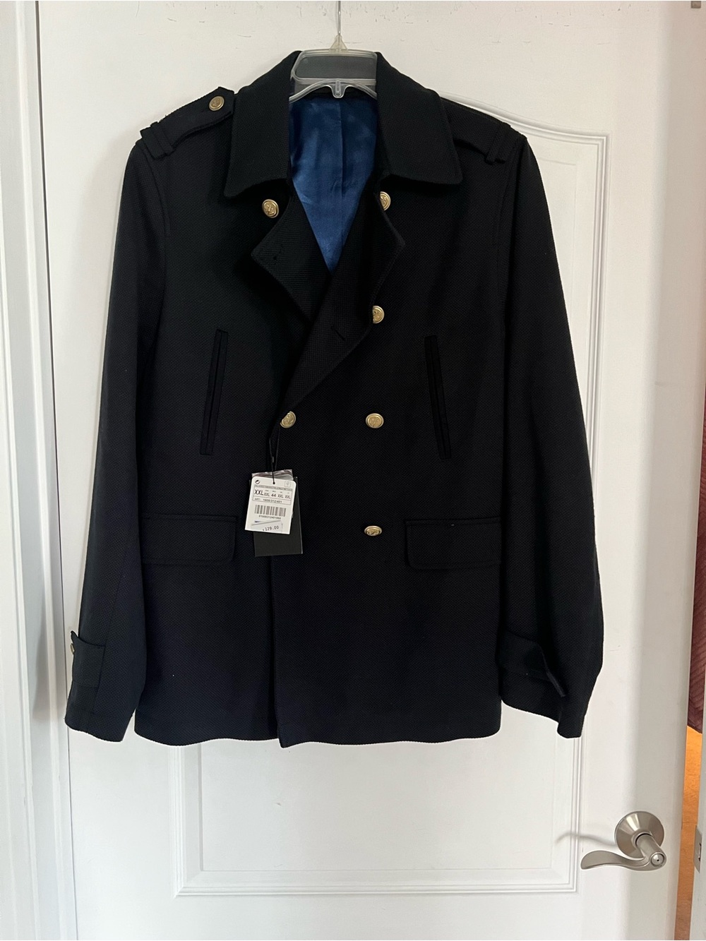 Zara Men Black Double-Breasted Peacoat with Gold Buttons